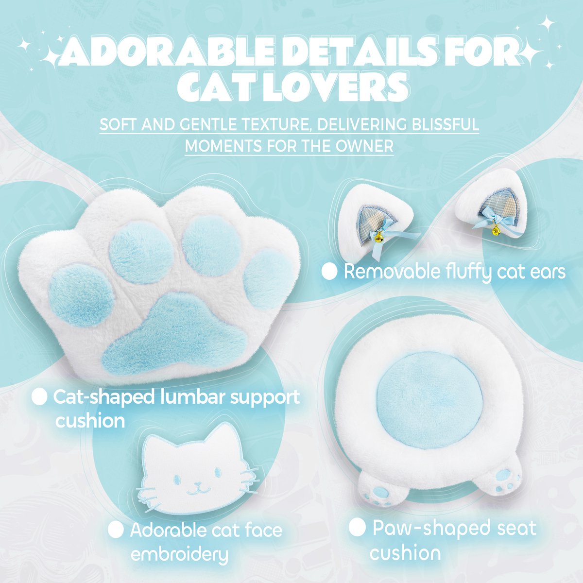 Dowinx Kat Gamingstoel Ergonomisch met Voetsteun - Blauw/Wit - afbeelding 2