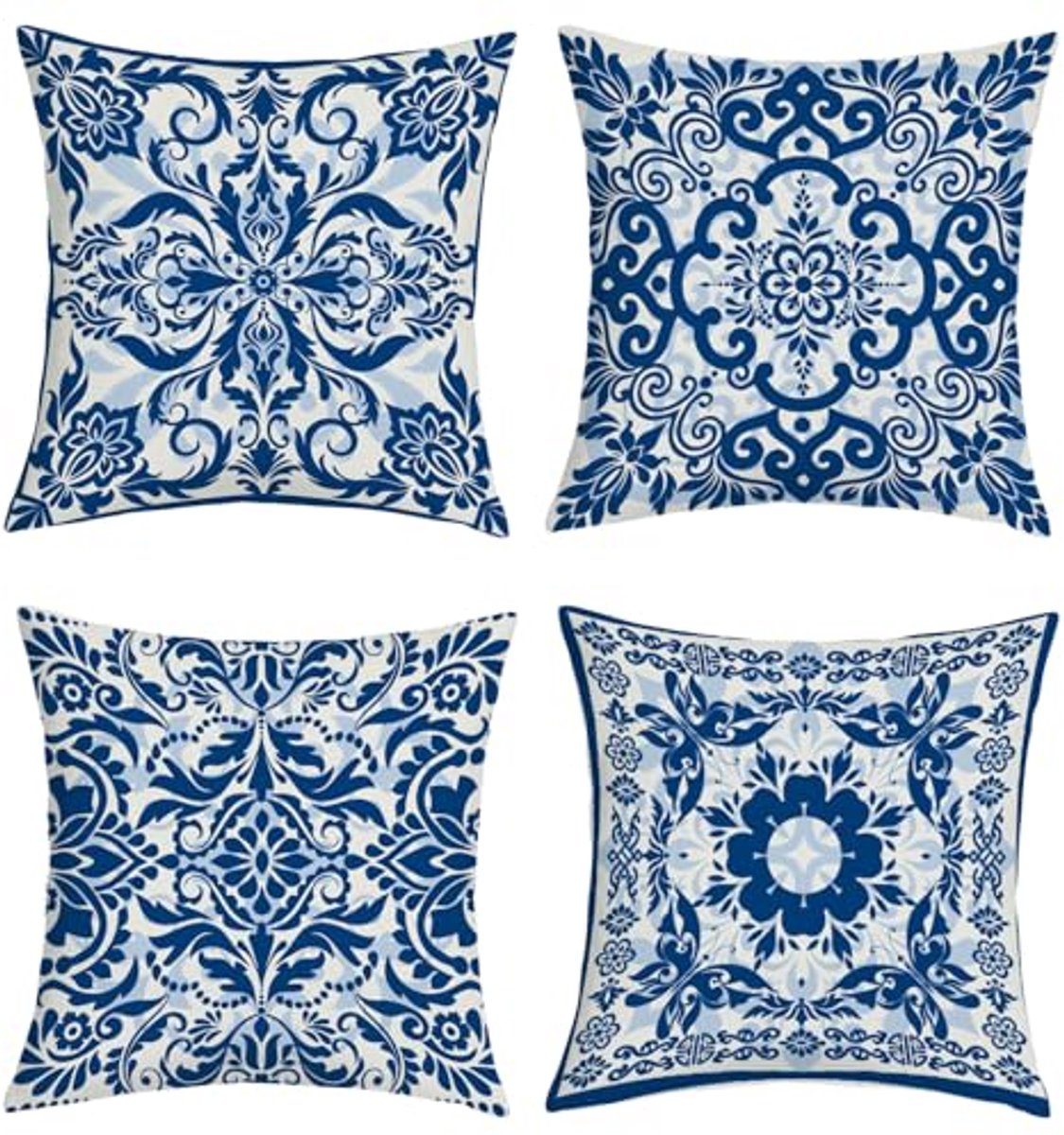 Ultiluxe® Kussenhoezen - 4 Stuks - Sierkussenslopen - Decoratieve Kussenhoes - 45 x 45 cm - Polyester Linnen - Vintage Bloemen Print - Blauw/Wit