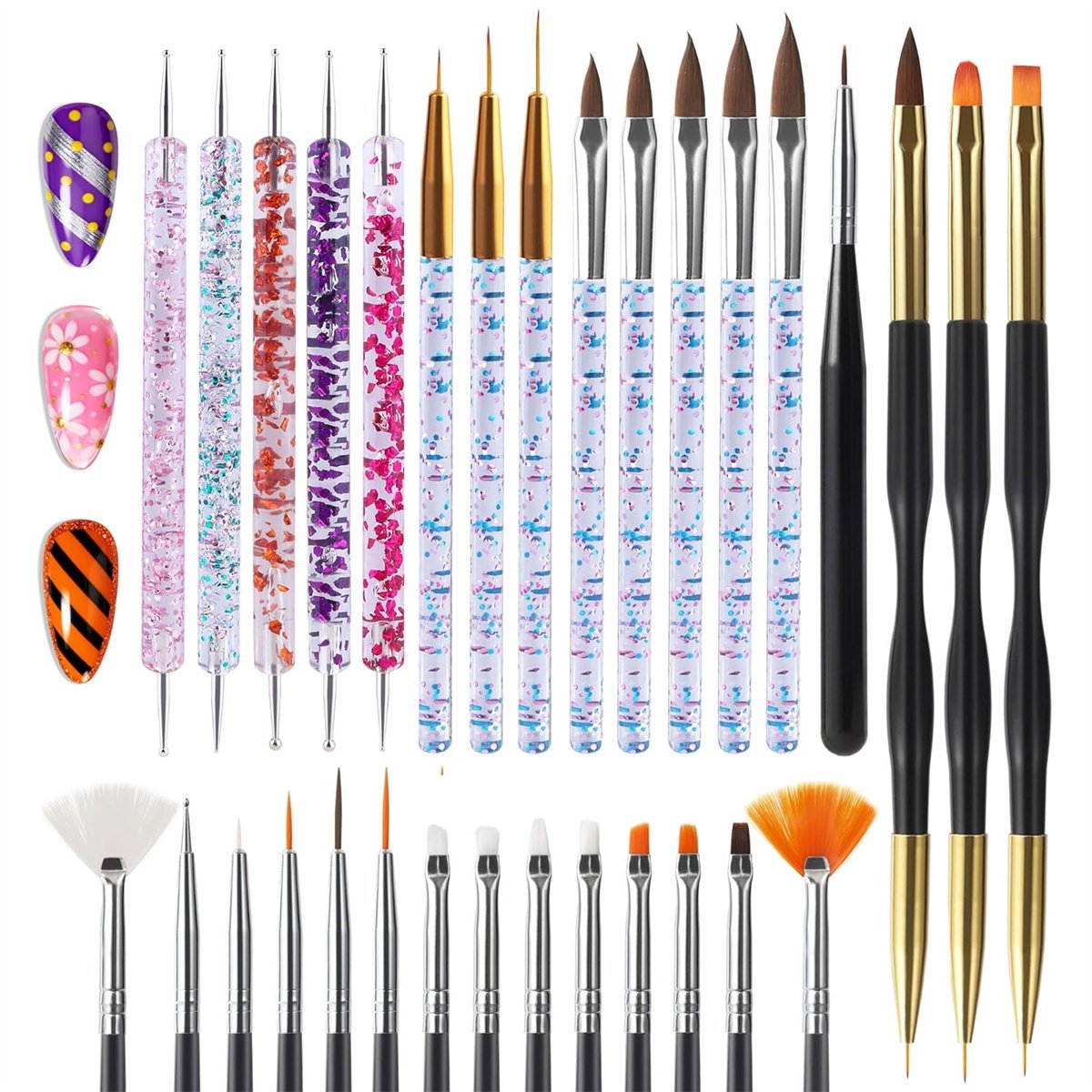 QTTVBTNA -Nagelkunstborstelset - 31-delige Nagelkunstgereedschapset - Nail Brush | Nail Liner Brush | Dotting Penselen | Acryl Nagels - Voor Gelnagellakontwerpen- Dotting tools, Stripingborstels enz