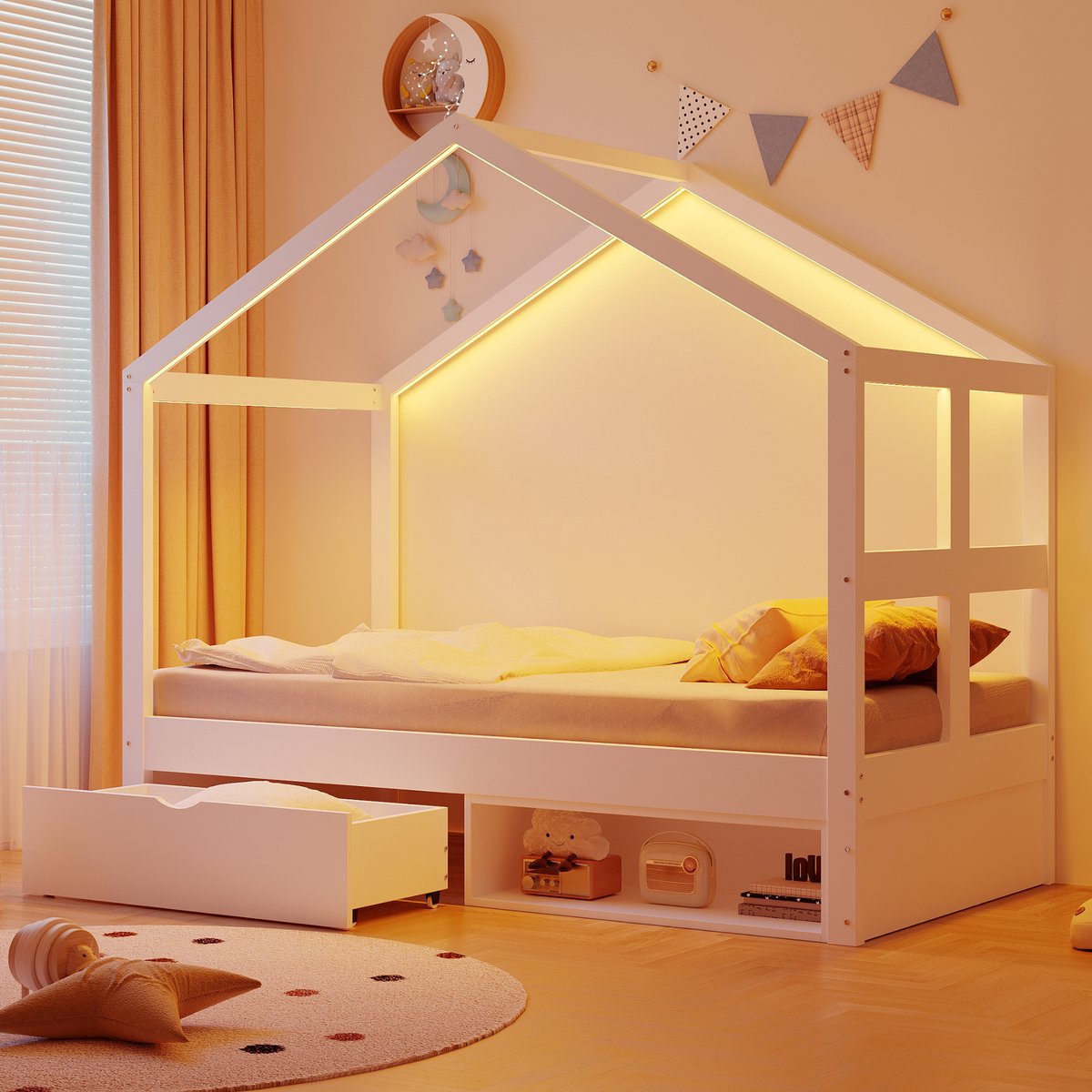 HAUSS SPOLE Huisbed 90x190 cm - Met Opberglade En Schoenenkast - Met Meerkeurige Led Sfeerstrip - Met Lattenbodem - Zonder Matras - Hout - Wit