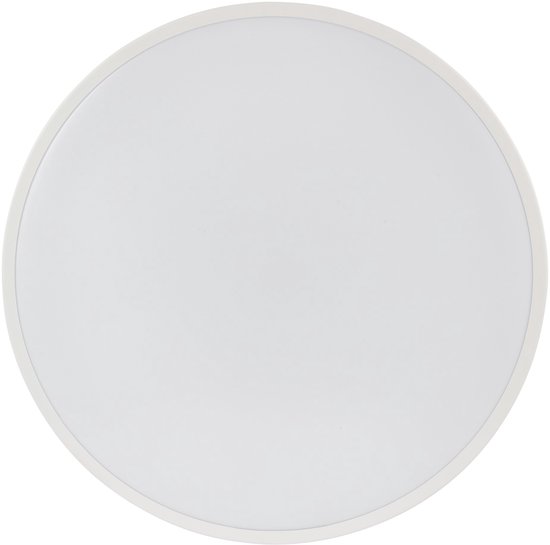 Ronde, platte witte plafondlamp met witte diffuser, zicht van bovenaf.