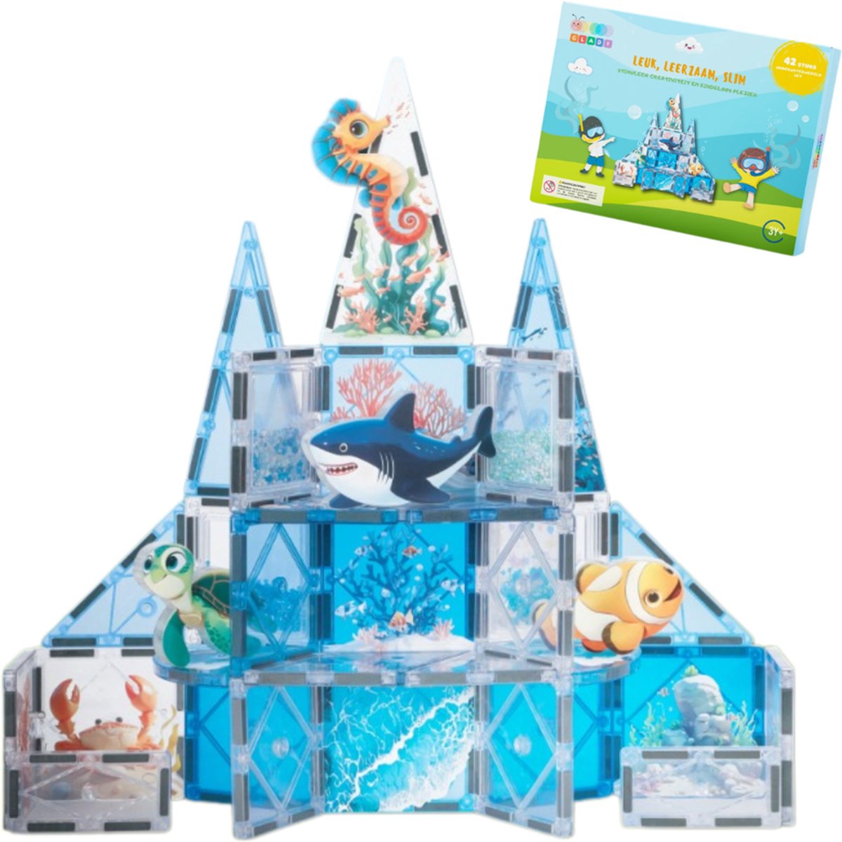 Gladi Tiles 42-Delige Magnetische Onderwaterwereld - Magnetisch Speelgoed - Magnetic Tiles - STEM Speelgoed voor 3 t/m 12 Jaar - Magnetische Tegels - Magnetische Bouwstenen - Educatief Speelgoed - Speelgoed Cadeau
