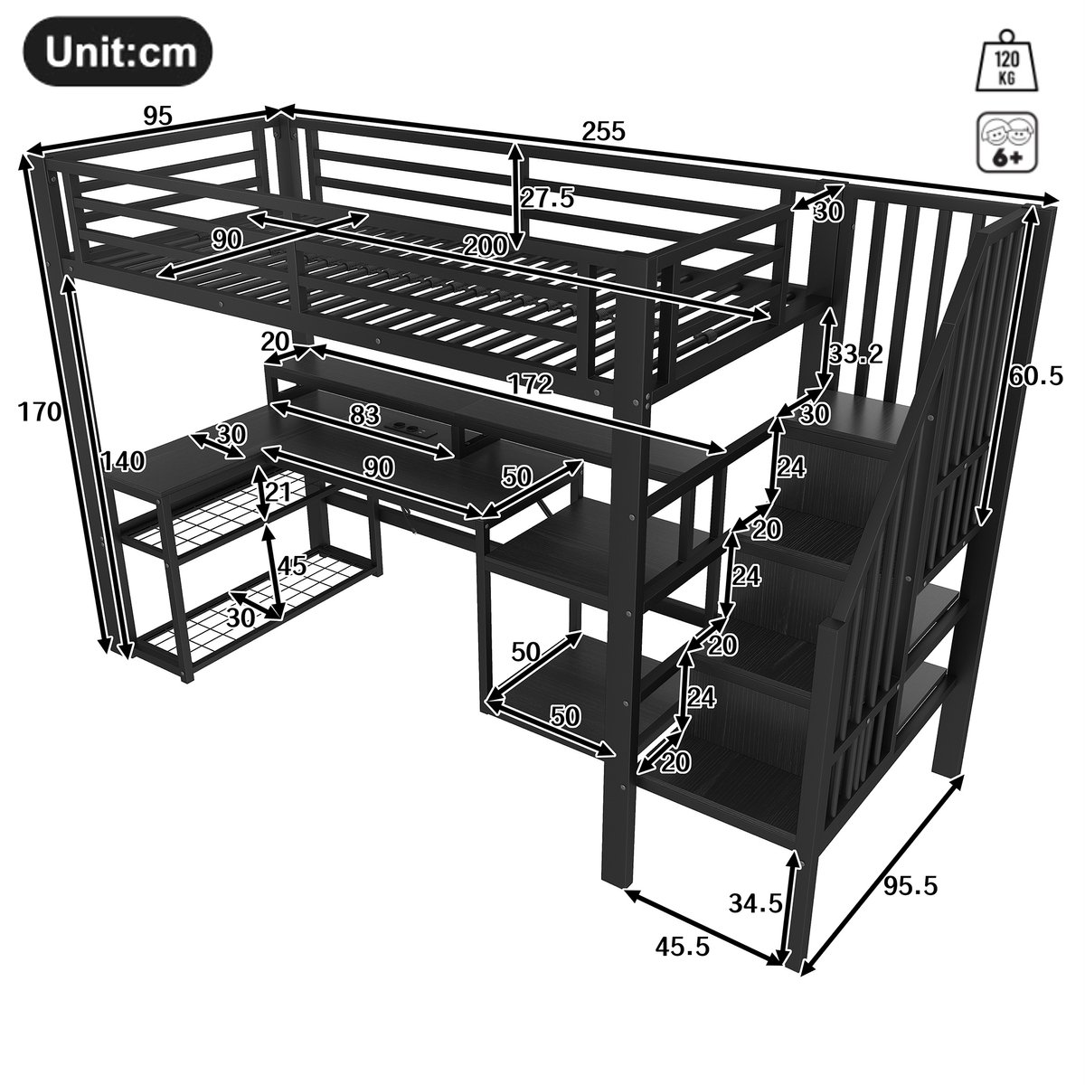 MIVRAY Hoogslaper 90x200cm - Met Bureau Met USB En LED Verlichting - Met Opbergtrap En Regalen - Zonder Matras - Metaal MDF - Zwart