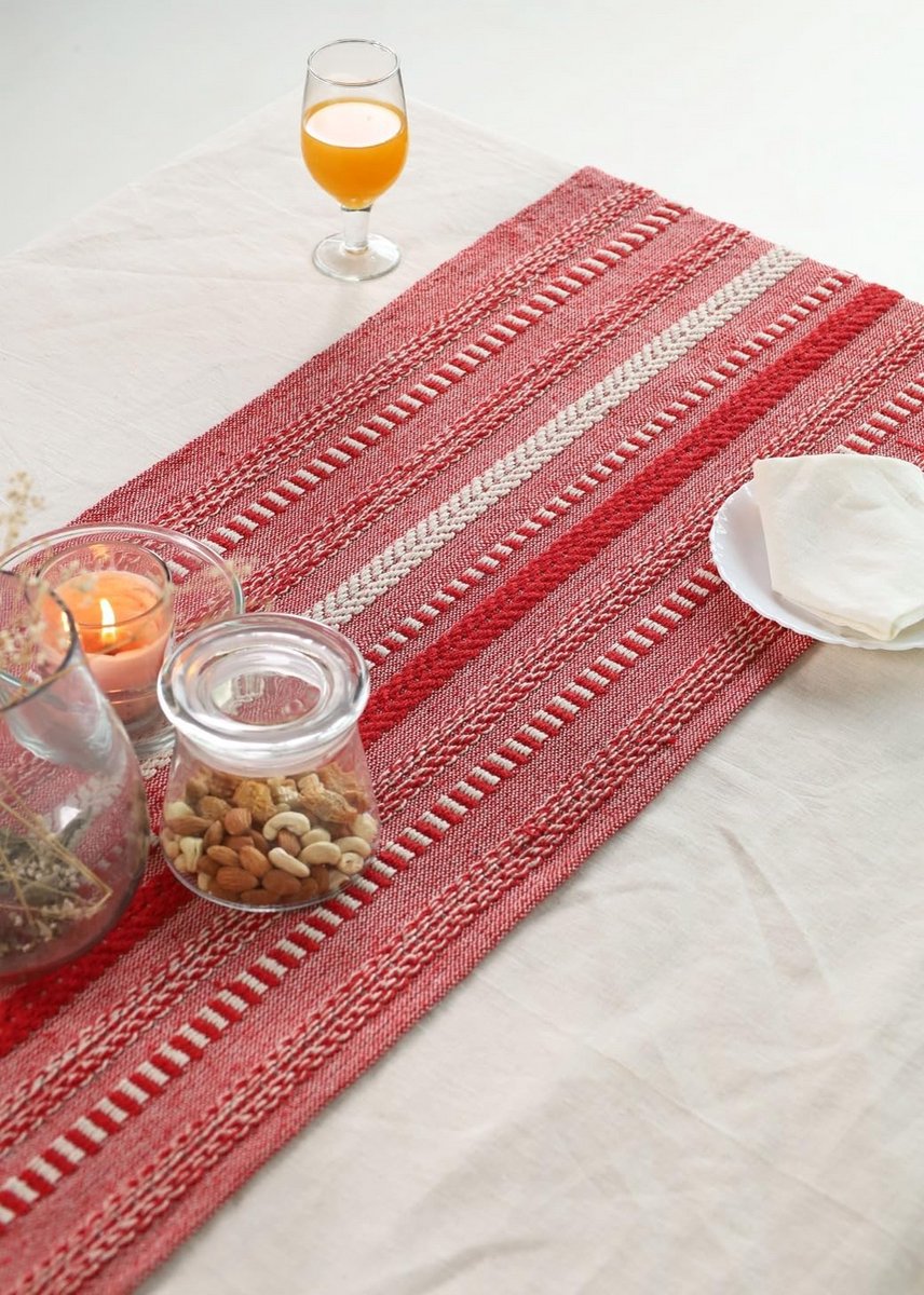 Boho Katoenen Tafelloper Rood 14 x 72 inch - Morden Boerderij Gevlochten Streep Keuken Eettafel Loper voor Bruiloft Woondecoratie