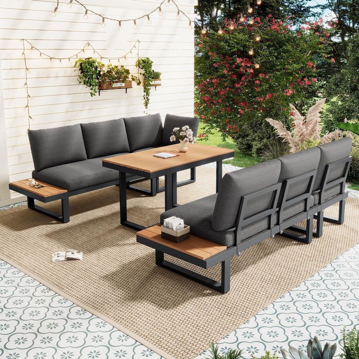 BLACKCOLORS Tuinset, tuinmeubelset, hoekopstelling, met verstelbare kantelfunctie (5 standen, tot 55°), buis van gegalvaniseerd staal, tafelblad van kunststof in houtlook, met eettafel, grijs + zwart