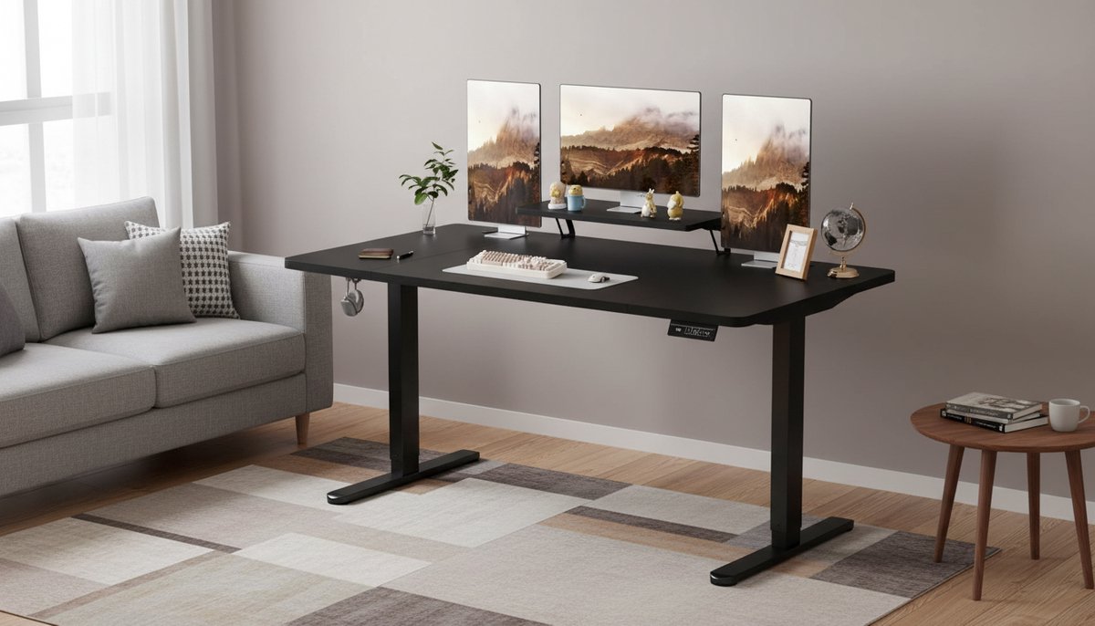 Electric Desk Casa Velluto Elevare Pro – 140x60 cm – Elektrisch In Hoogte Verstelbaar Zit-Sta Bureau met Monitorstandaard en 2 Opbergplanken, Ergonomisch en Modern – Zwart