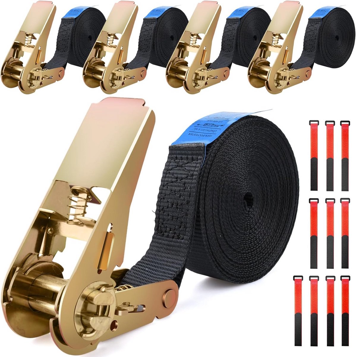 6M Ratchet Lashing Straps - Set van 5 Korte Spanbanden voor Auto, Fiets, Motor, Bagage, Kamperen, Zwart