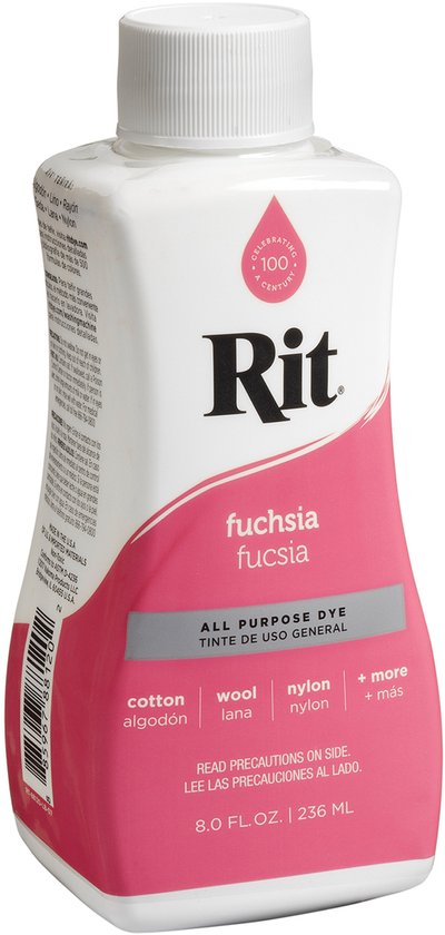 Flesje Rit All Purpose Dye in de kleur fuchsia, met tekst die aangeeft dat het geschikt is voor katoen, wol en nylon.