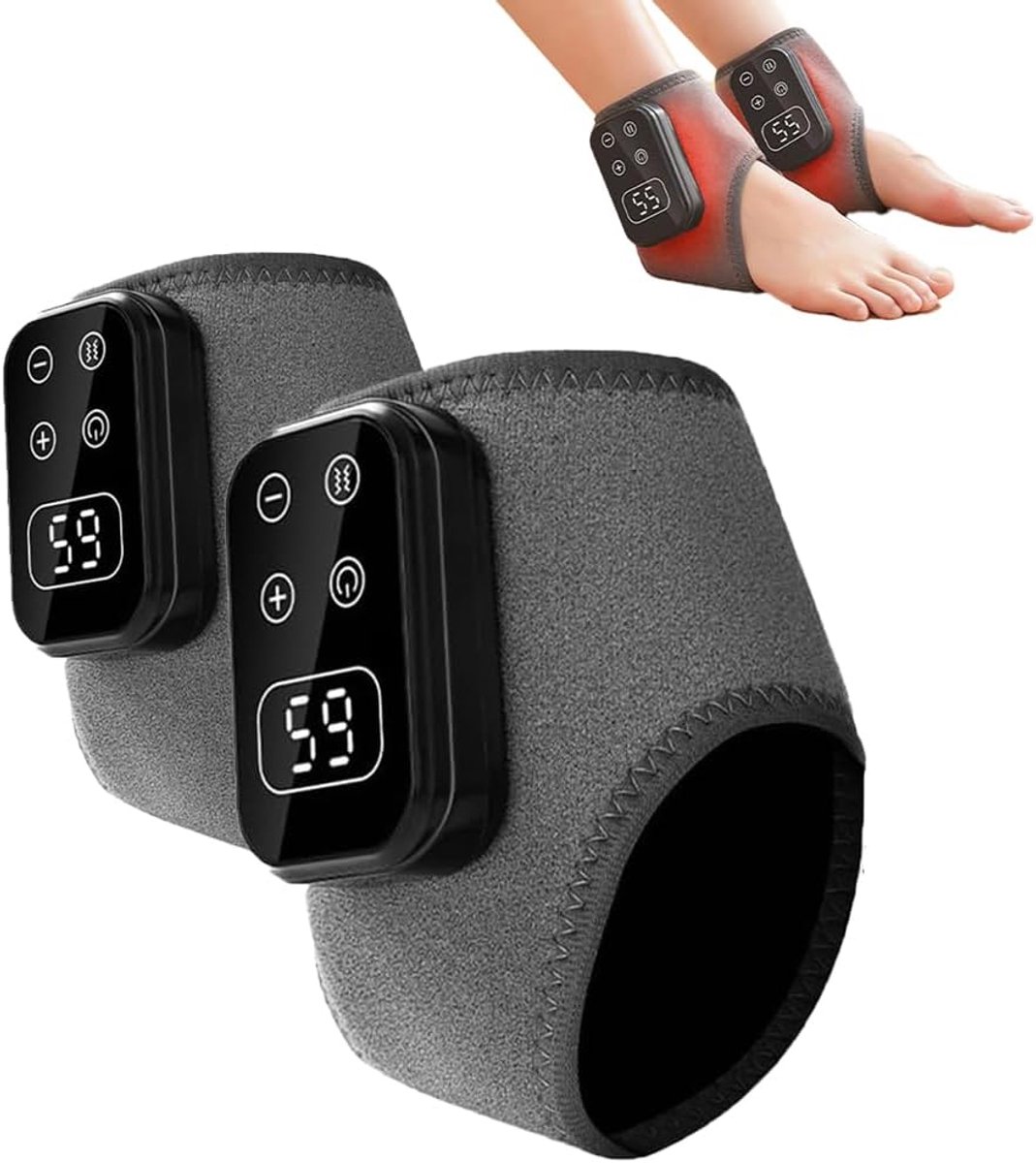 2-delige voetmassageset - Elektrisch verwarmde enkelsteun - massage apparaat - voetmassage apparaat - Elektrische warmtekompresmassager - Met 5 vibratiestanden - SBR duikmateriaal - Grijs