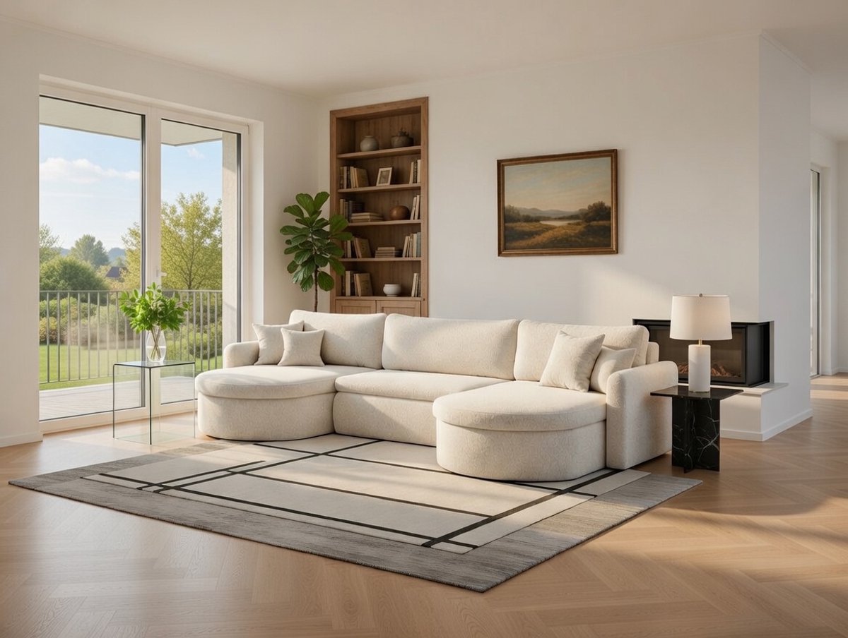 U-Vormige Hoekbank met Slaapfunctie 350 × 160 × 87 cm – Crème Bouclé Hoekbank met Opbergruimte, U-Bank met Uitschuifbaar Bed 320 × 122 cm, Universele Chaise Longue, Grote Woonkamerbank – Verona Comfort – Bellavero