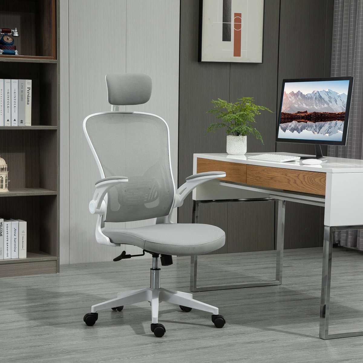 HAUSS SPOLE Bureaustoel 65 X 64 X 114 122 Cm - Ergonomisch Met Hoofdsteun En Wipfunctie - Thuis En Kantoor - Kunststof - Grijs