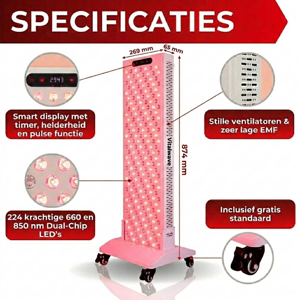 BOSYTRO Red Light Therapy, 105W Lampe Infrarouge 660nm 850nm, Double puce 70 Leds Lumière Rouge