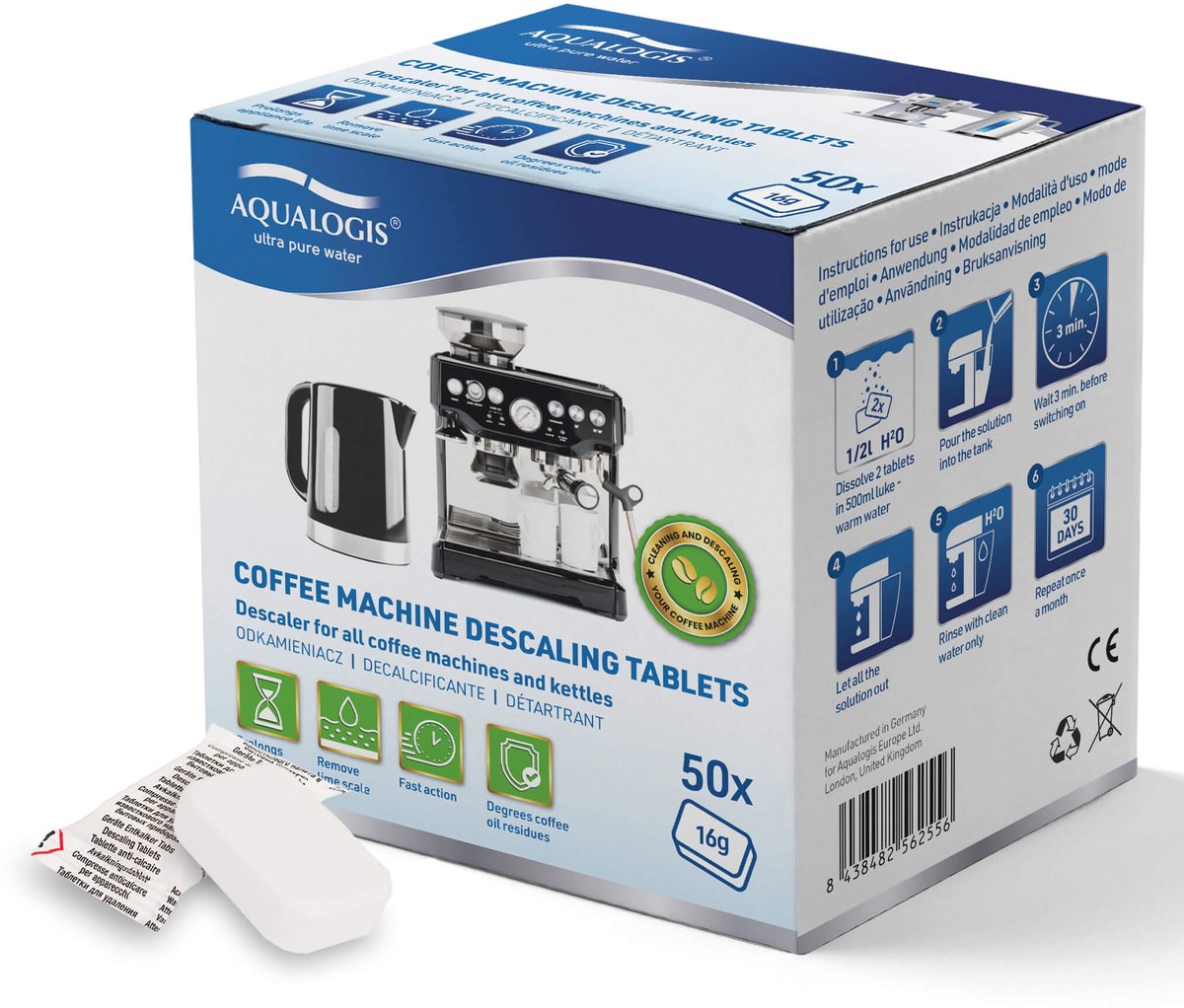 Aqualogis Decalc - Odkamieentabletten - Voor Koffiemachines - Veilig Voor Alle Apparaten - Los Snel Op