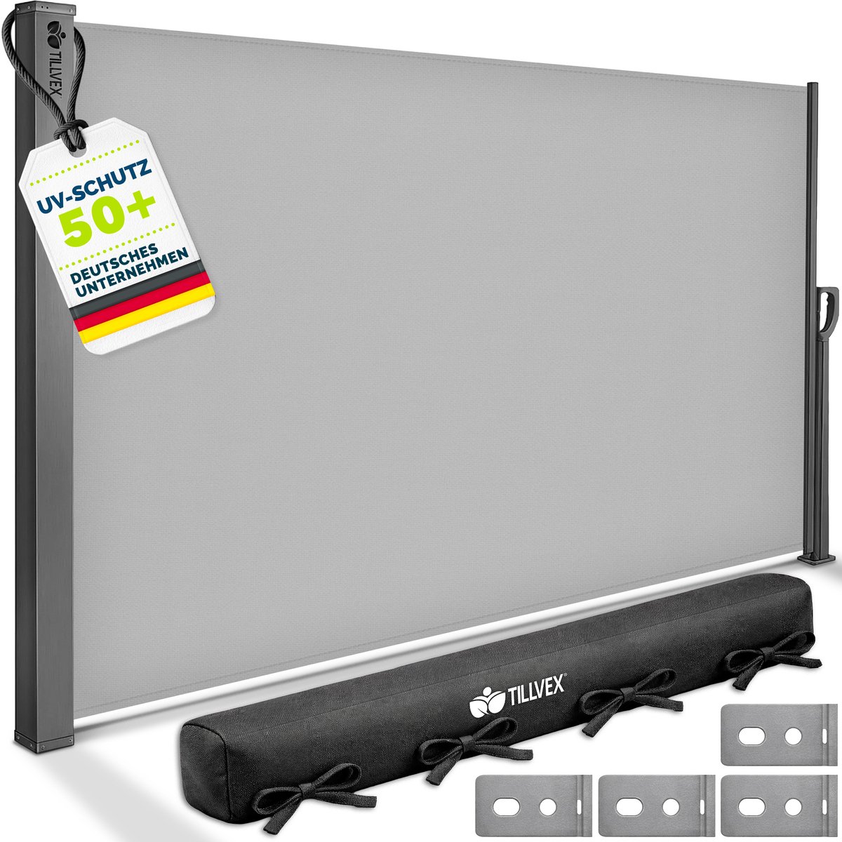 tillvex® Zijluifel 200 x 400 cm Uitschuifbaar & Ondoorzichtig met Regenhoes | Privacyscherm Balkon, Tuin & Terras | Zijrolluik met Wandbevestiging | Zonwering Luifel van Roestvrij Staal