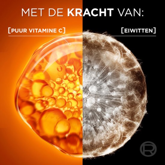 Gedeelde afbeelding met links een oranje, bubbelende vloeistof met tekst 'PUUR VITAMINE C', rechts een grijze, geoxideerde bol met tekst 'EIWITTEN'.