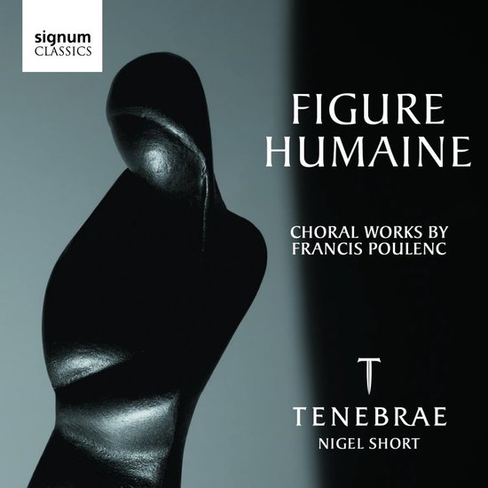 Albumcover voor 'Figure Humaine' van Francis Poulenc. Een zwarte, mensachtige sculptuur op een grijze achtergrond.