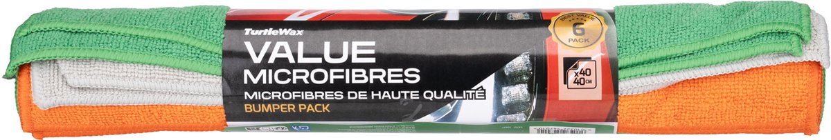 Turtle Wax Value Microfibres - 6 stuks - Kleurgecodeerd - Groen, oranje en grijs voor eenvoudige identificatie - Voor gebruik op lak, glas & interieuroppervlakken - 40x40cm