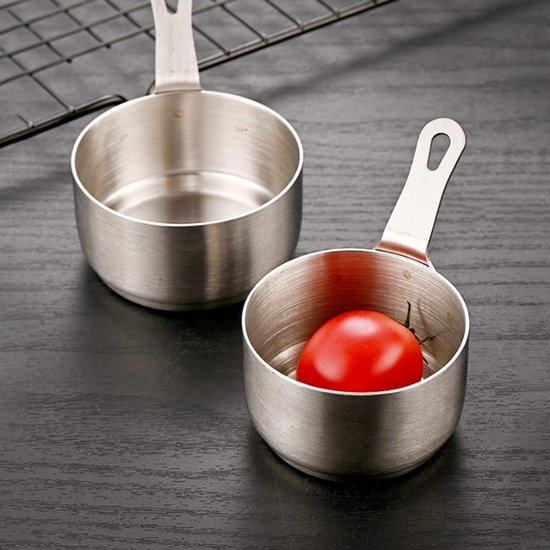 Mini Roestvrijstalen Steelpannen 2 Stuks – 100 ml – Melkpannetje – Lekkerbek – Voor Saus, Melk en Noodles – 100 ml – 2 Stuks – Zilver