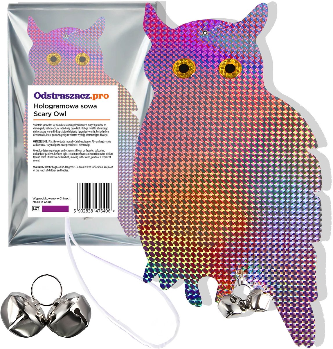 Holografische Vogelverjager Uil – Set met Belletjes – Effectieve Duivenverjager & Schrikhek voor Balkon, Tuin en Boomgaard – Reflecterend & Weerbestendig – 20x40 cm