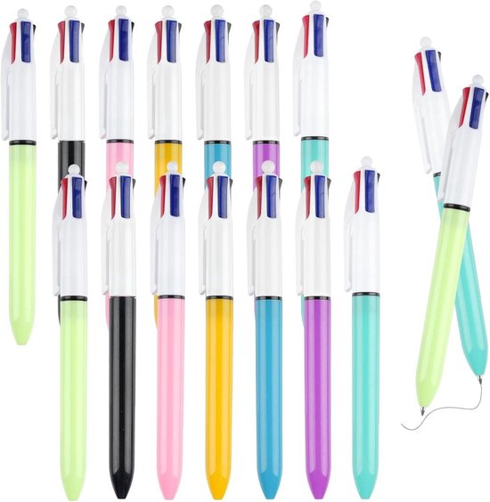 Stylos à bille 4-en-1 - 4 couleurs - Rétractable - 14 pièces - Bureau, École, Maison - Assorti