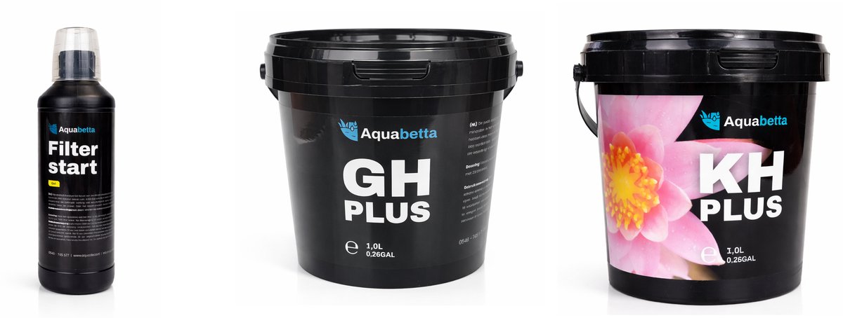 Aquabetta, Vijveronderhoud, GH plus 1 liter, KH plus 1 liter, Filter Start Gel 0,5 liter