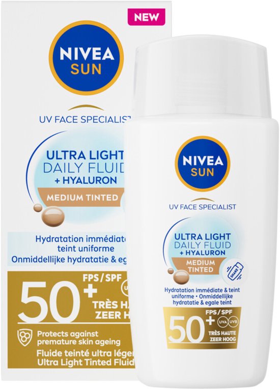 NIVEA SUN UV Face Daily Fluid Zonnebrand Gezicht SPF50+ - Medium Tinted - Zonnebrandcrème - 40ML