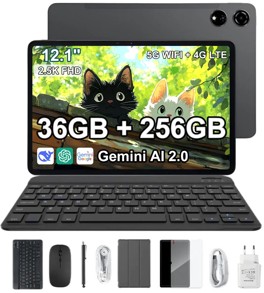 Blackview Mega 3 Tablette - 12,1 pouces - Android 15 - 4G LTE+ - 36 GB RAM - 256 GB ROM - 8800 mAh - 120Hz - 13 Mpx + 50 Mpx - Gemini AI 2.0 - Grijs