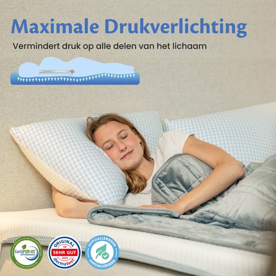 Une femme dort sur le côté sur un matelas. Une illustration montre le soulagement de la pression. Certificats Oeko-Tex et dermatest.