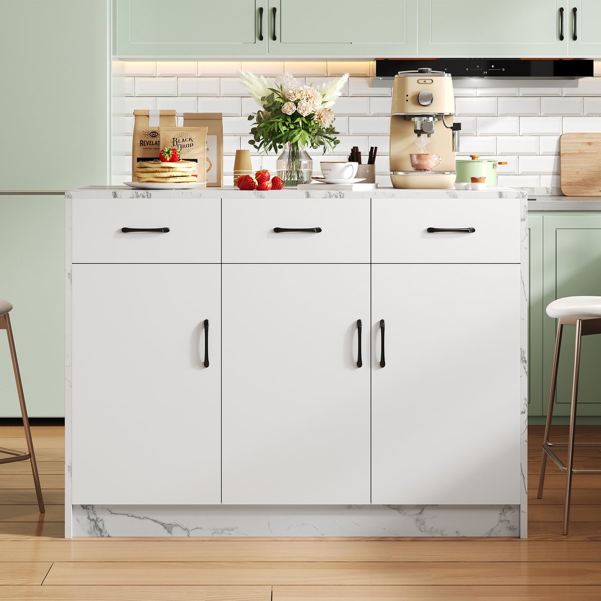 Wishdor Keukeneiland - 3 Laden En 3 Deuren - Marmerlook - Voor Keuken - MDF - Wit - 120 X 60 X 90,5 Cm Wit + Wit Marmer