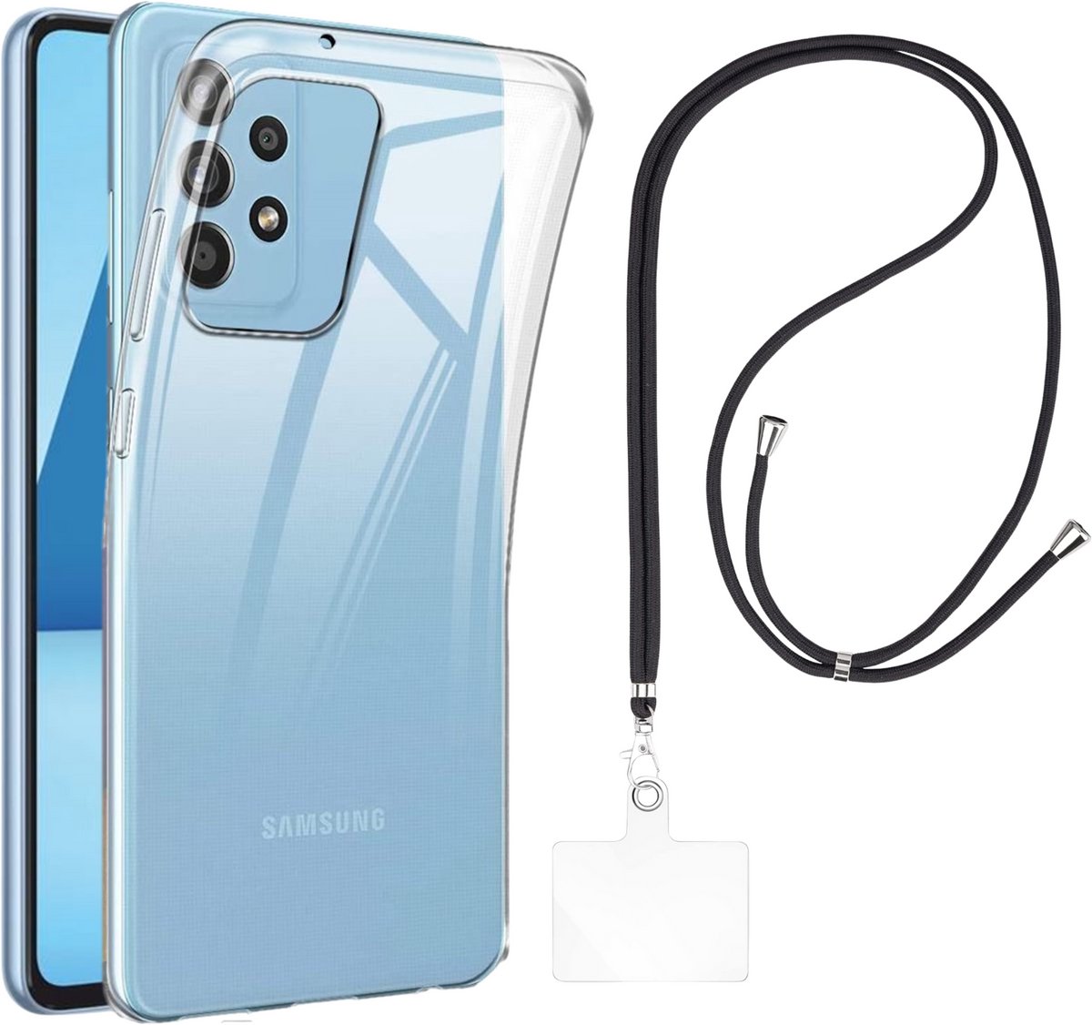 Set met hoesje en nekband voor Samsung Galaxy a33 5g - Flexibele, transparante TPU-bescherming, verstelbare universele nekband voor mobiele telefoons, zwarte nekband, transparante draagriem van Phonillico®