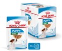 Doos met 12 zakjes Royal Canin Puppy Mini natvoer, 85 g per stuk.