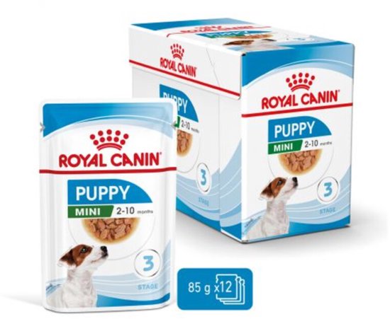 Doos met 12 zakjes Royal Canin Puppy Mini natvoer, 85 g per stuk.