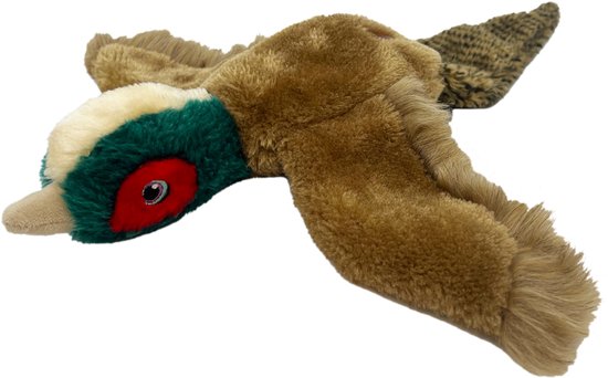 Bruine vogel met gestreepte veren, rode ogen en groen, wit en rood op de kop.