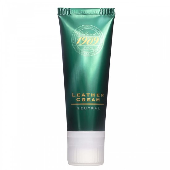 Collolil 1909: Groene tube leercrème neutraal met witte dop. Glanzende metallic finish.