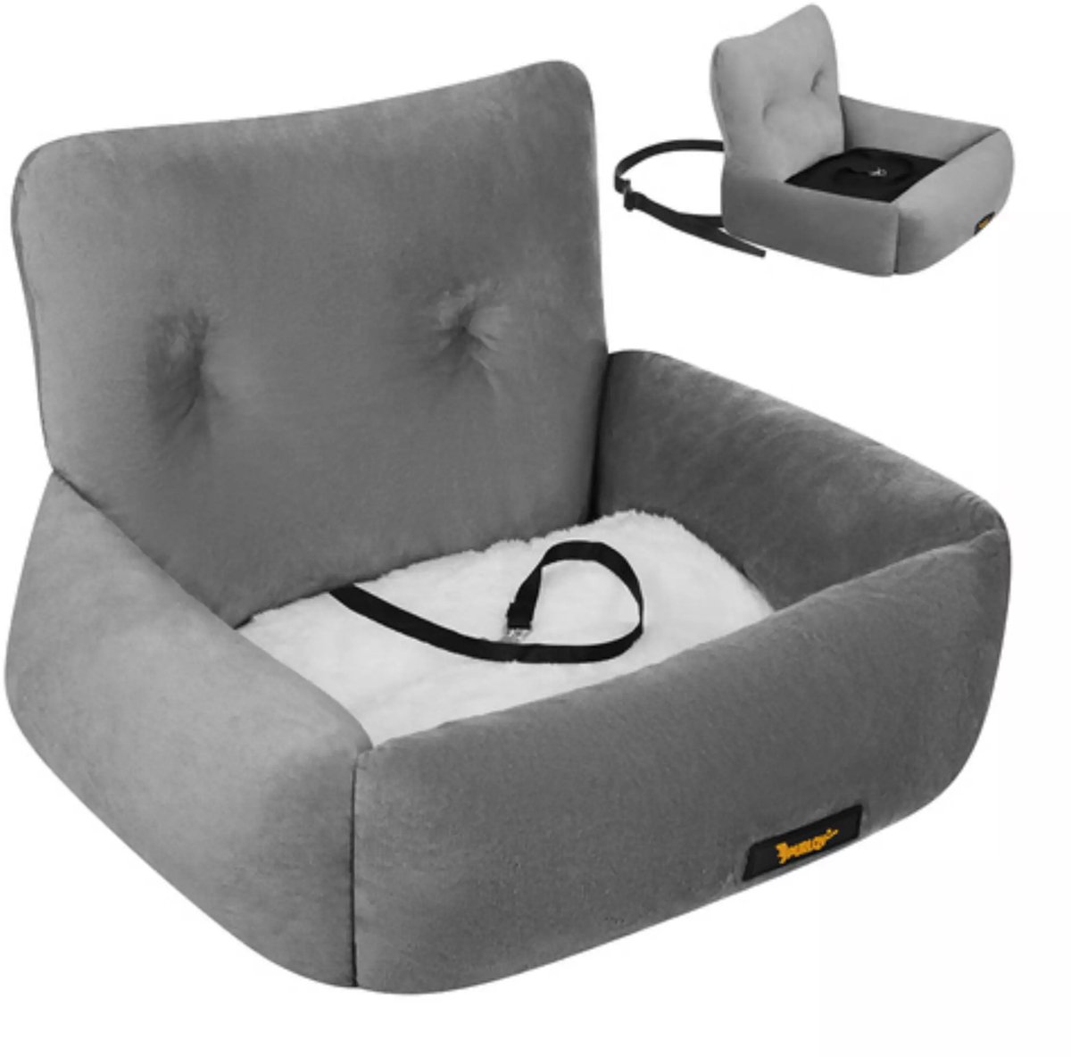 Purlov Autostoel hond 44 x 35 x 30 cm grijs met riem en kussen voor veilig vervoer kleine dieren