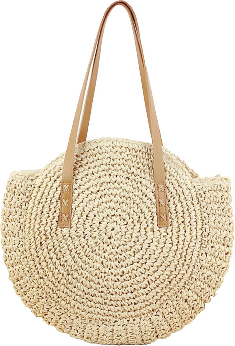 Ronde Stro Tas - Gevlochten Zomer Tas - Strand Bezoek - Natuurlijk Materiaal - XL Formaat - Beige