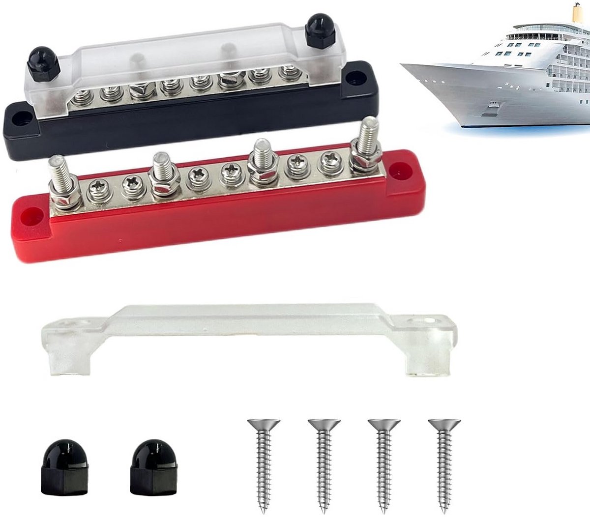 150 A DC Verdelerblok Set met Busbars en Beschermde Afdekking - 2 stuks met M6 Bouten en M4 Klemmen