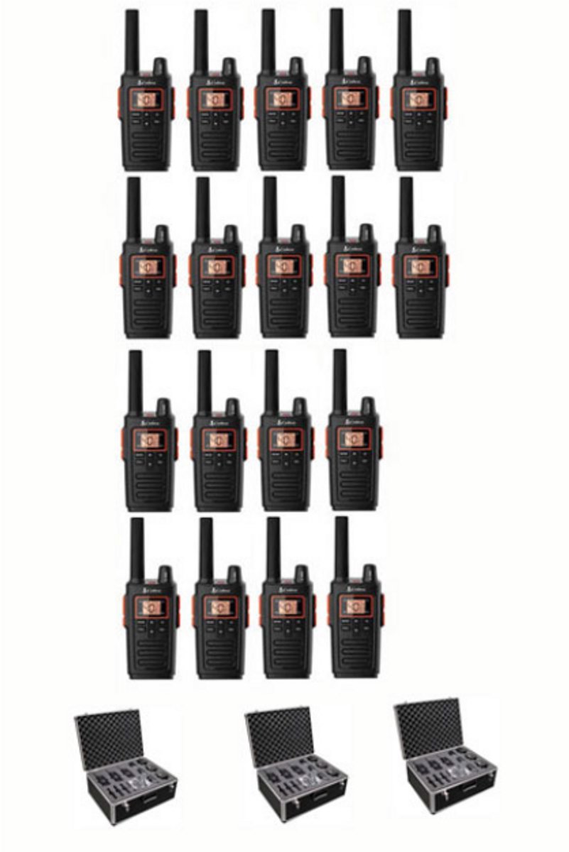 Set van 18 Cobra RX380 vergunning vrije portofoons PMR446 IPX2 en koffer