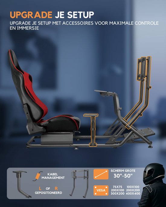 Zij-aanzicht van een zwart-rode racestoel op een simulatorenrek, met weergave van kabelmanagement en VESA-montage.