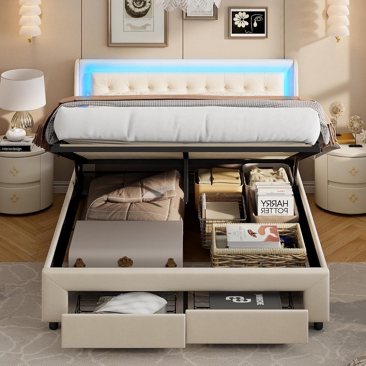 Boxspring Bed 180x200 met Opbergruimte, Lattenbodem en LED Verlichting - Beige Fluweel thumbnail 3