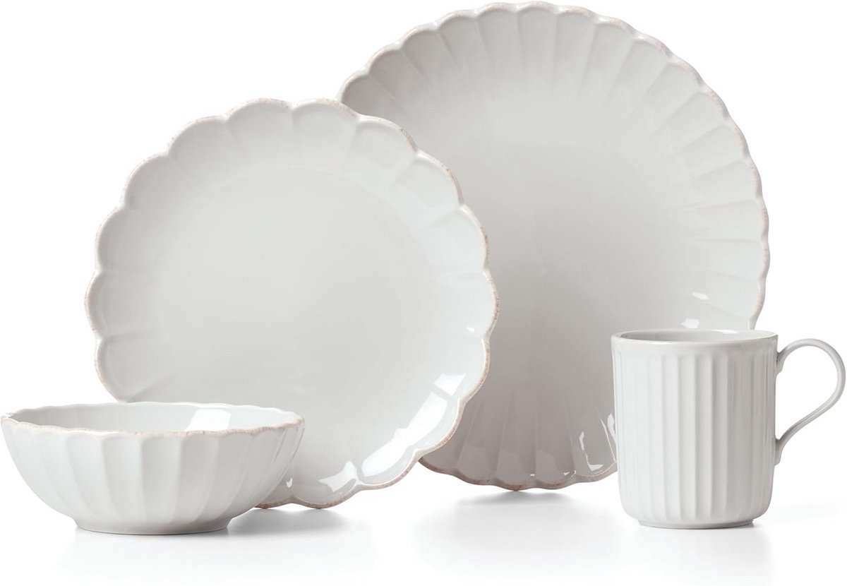 Elegante 4-delige Servies Set van Steengoed in Wit, Geribbelde Rand