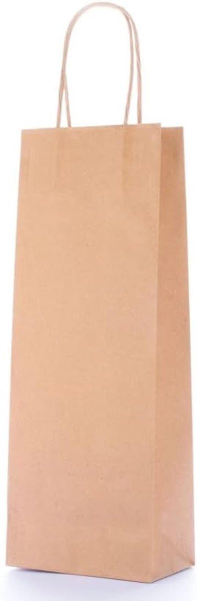 50x Kraft Papieren Wijnflessen Zakken met Handvat - Cadeauverpakking en Flessenhouder 14x8x40 cm