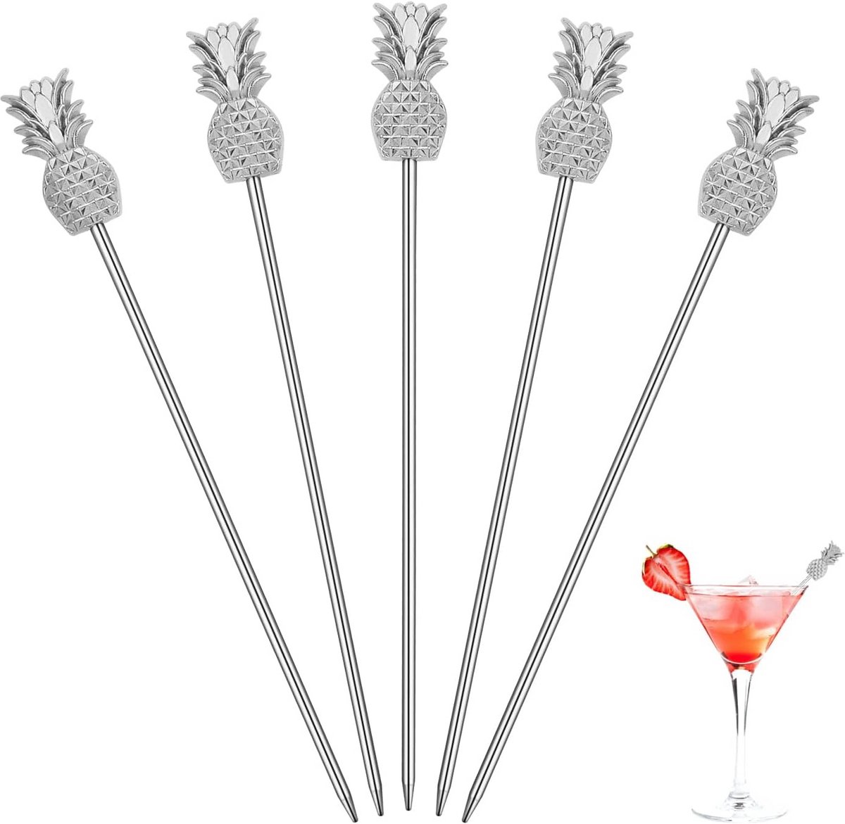 Set van 5 Metalen Cocktailprikkers met Ananas Decoratie - Zilver