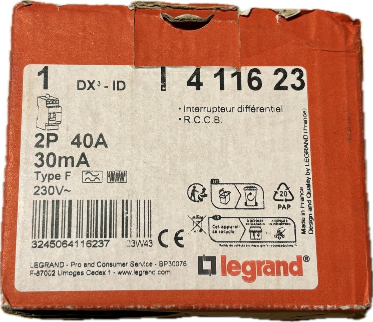 Differentieelschakelaar 2P 40A 30mA Type F met overstroombeveiliging