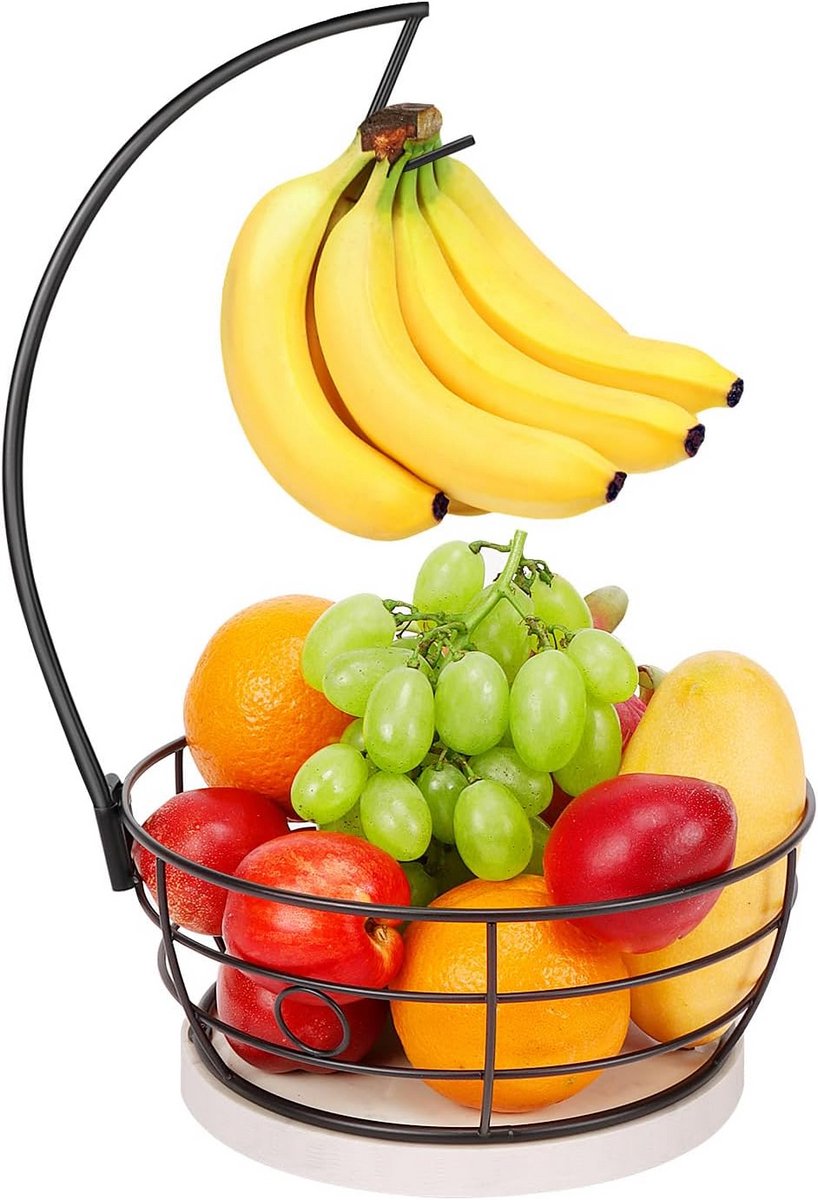 Fruitmand met Bananenhouder voor Aanrecht - Standaard Mand voor Groenten en Fruit met Marmereffect Basis