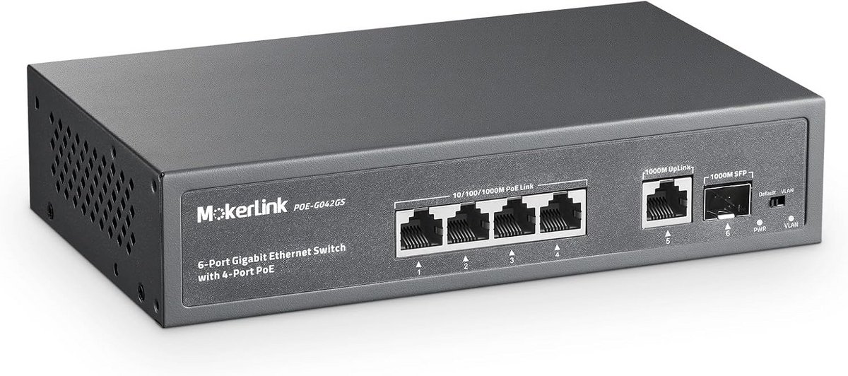 Gigabit PoE Switch met 4 Poorten, SFP Uplink en 75W Budget - AI Watchdog & QoS