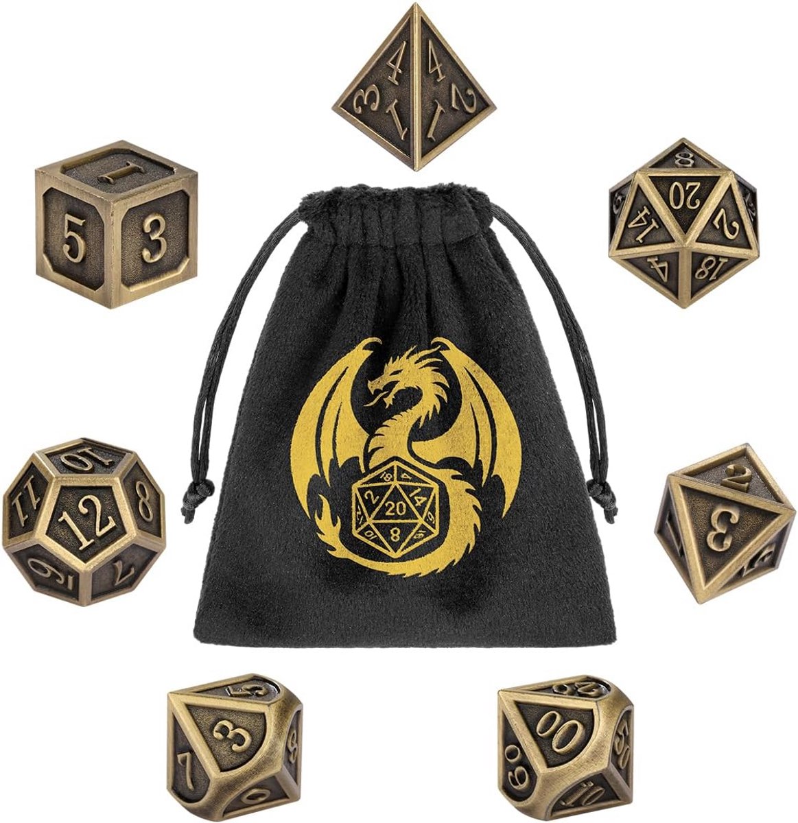 Metalen DND Dobbelstenen Set - 7-delige Polyedrische RPG Accessoires met Brons Afwerking - Inclusief Geschenkzak voor Dungeons Dragons en Andere Rollenspellen