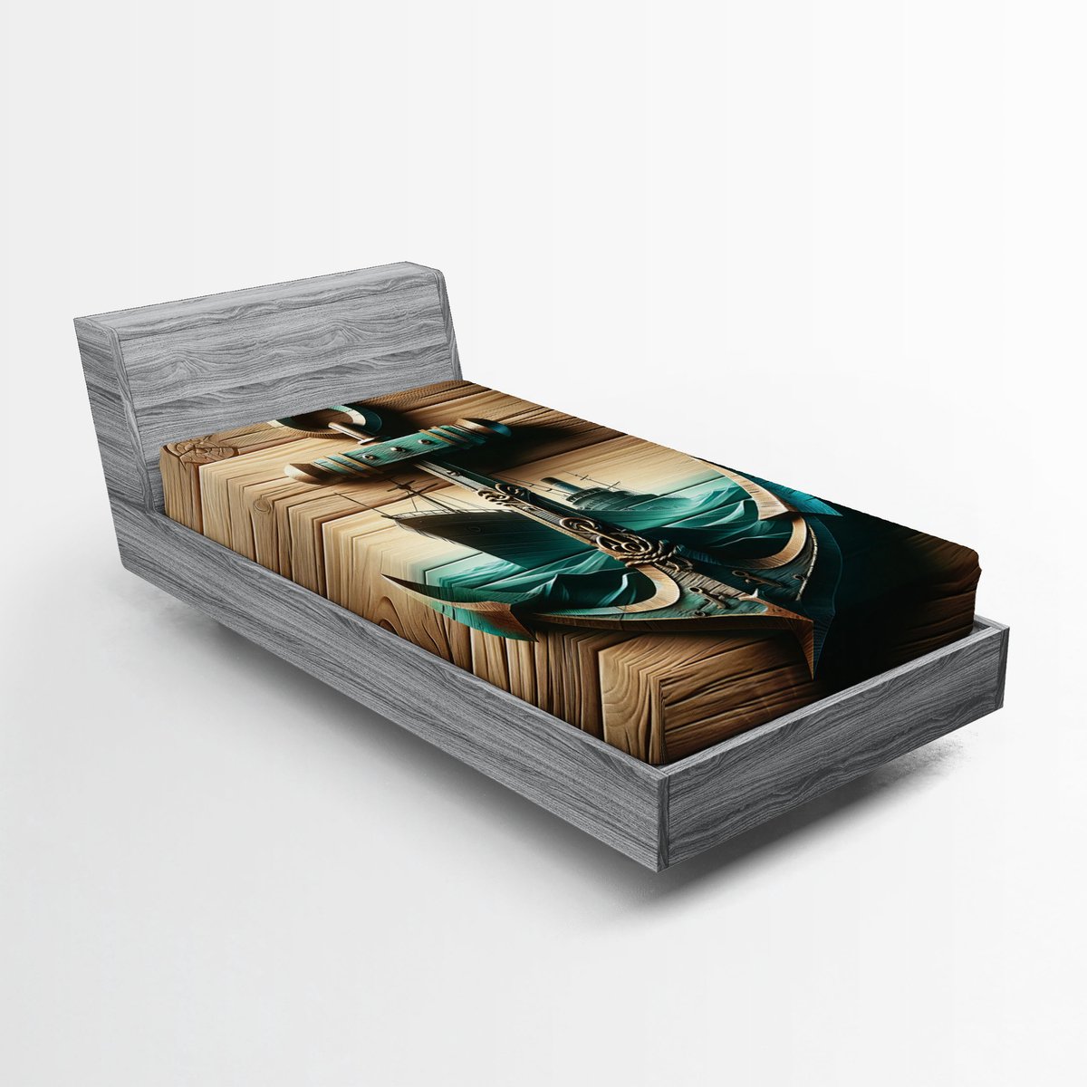 ABAKUHAUS Nautisch hoeslaken, Anker met zeilschip, Zachte stof met elastische band, 90 x 200 cm, Zandbruin Donkerblauwgroen