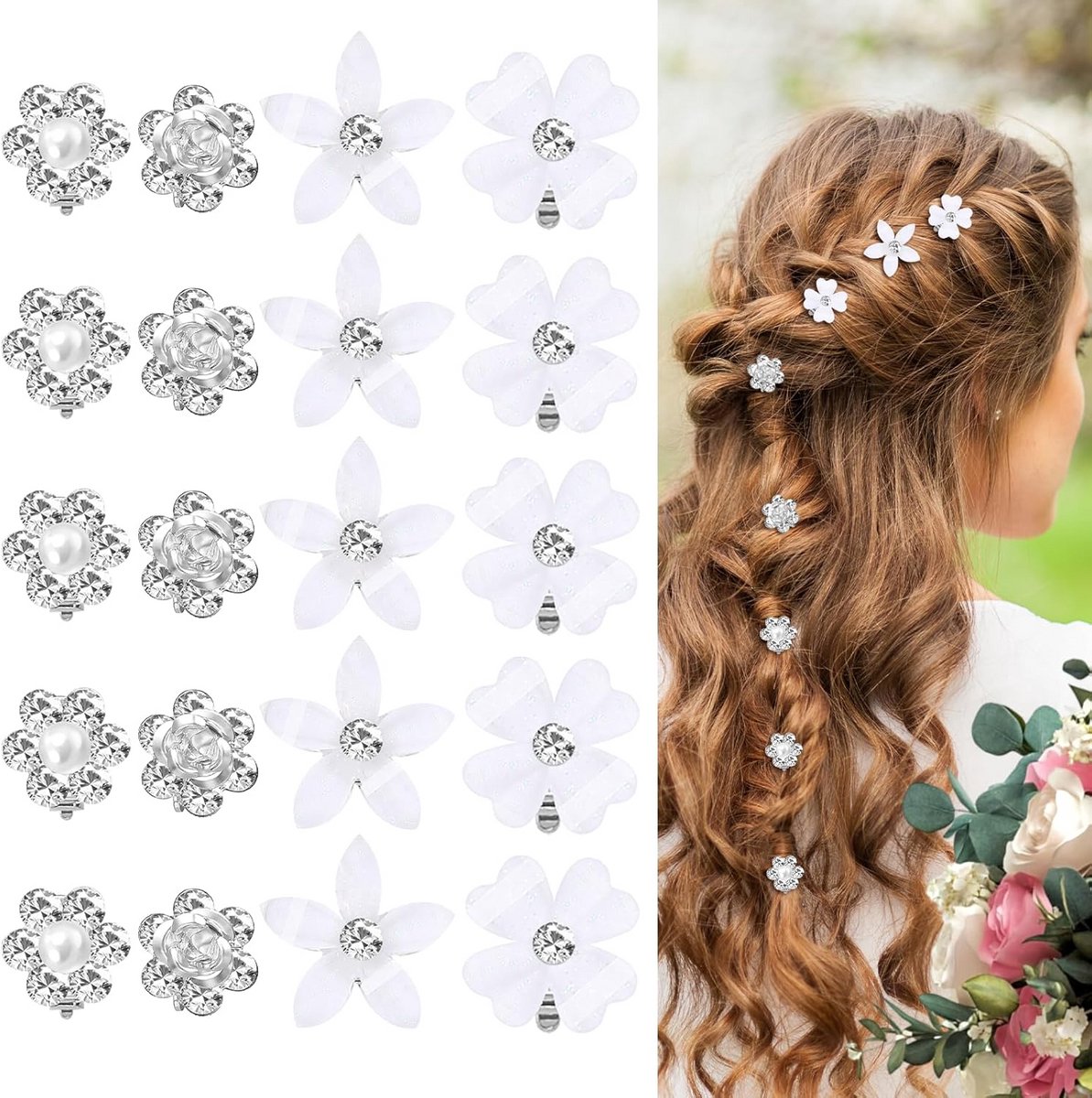 Mini witte bloemen haarspeldjes met strass 20 stuks - bruids en bruiloft haaraccessoires