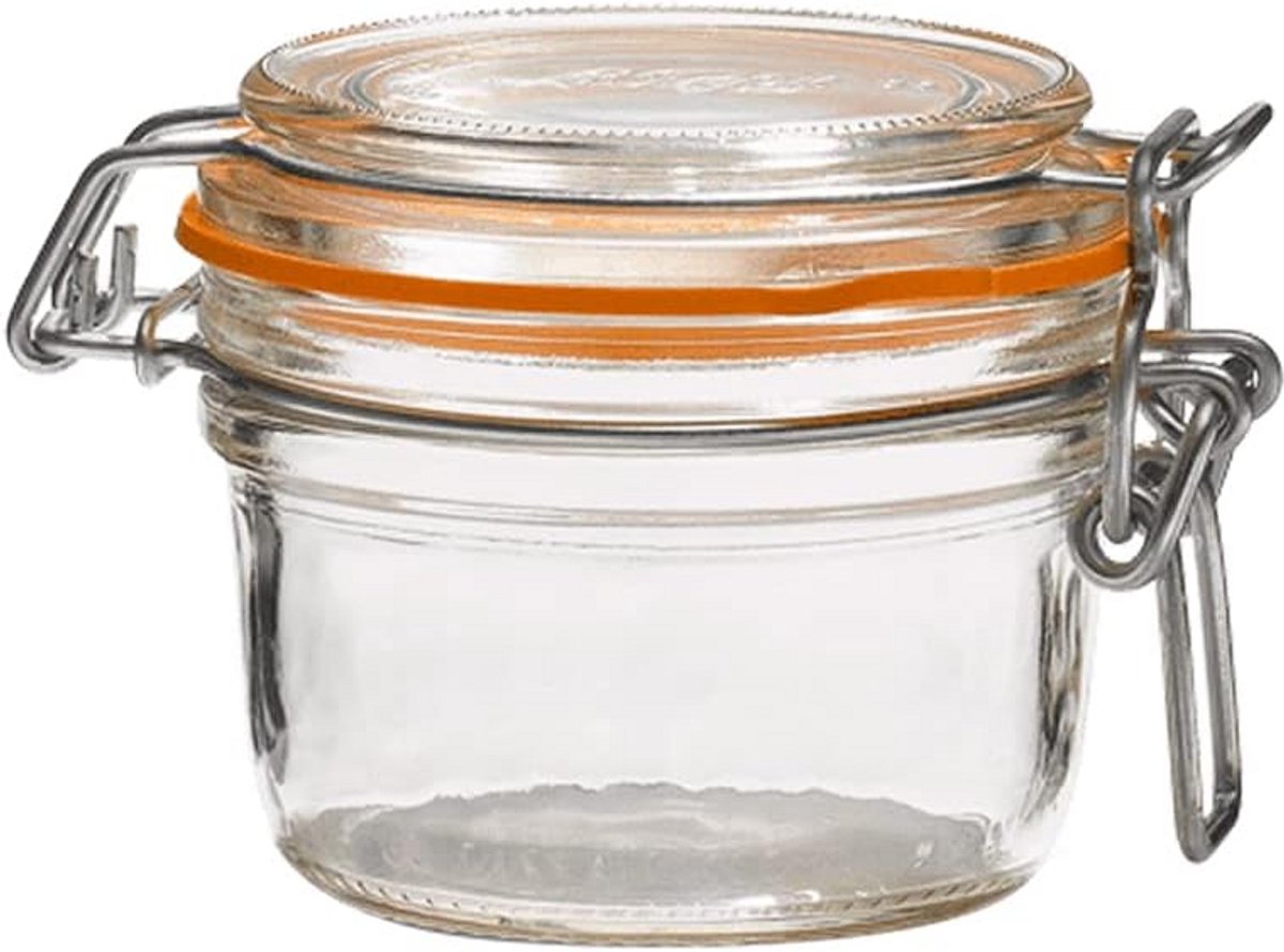 Rechthoekige glazen pot met blauwe band 125 gram x6
